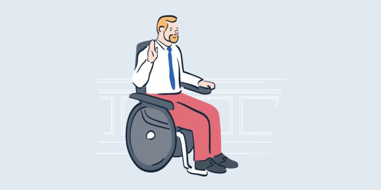 illustration of man in wheelchair raising right hand