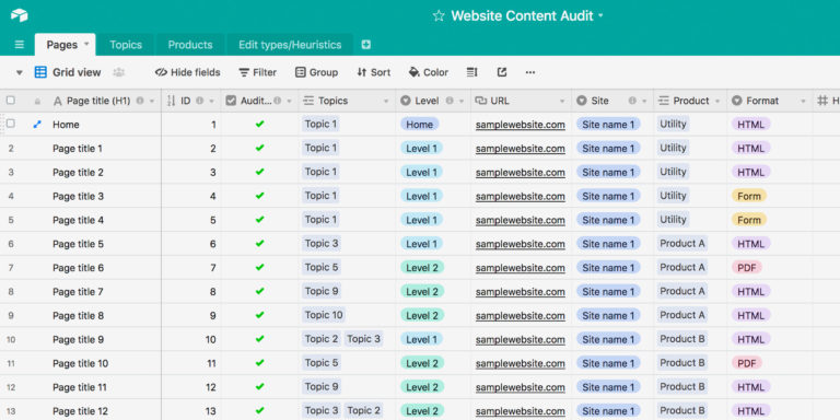 Screenshot of content audit in Airtable