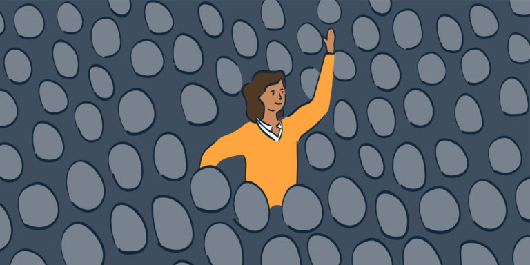 illustration of woman raising hand in crowded audience