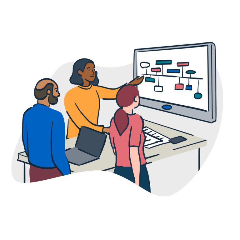 illustration of people around a table pointing to a screen with a chart on it