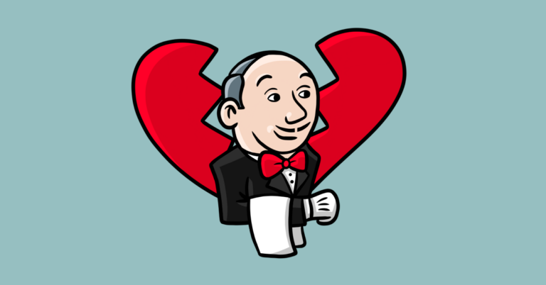 Illustration of an adapted Jenkins software butler with a broken heart behind him