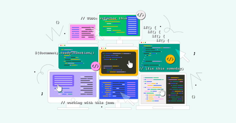 illustration of multiple screens stack up like a mountain with code spilling off them