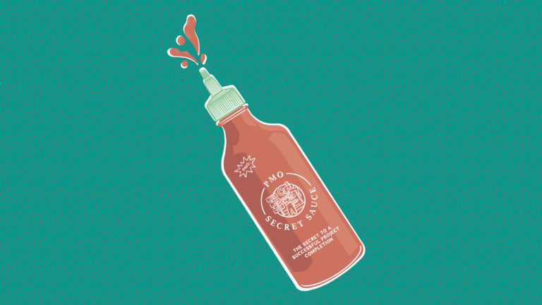 Illustration of a hot sauce bottle with PMO (Project Management Office) as the main ingredient