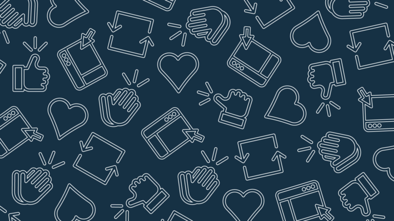 Illustration with hearts, thumbs up, and social media interfaces