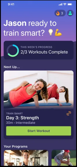 A screenshot  of a mobile workout application experience